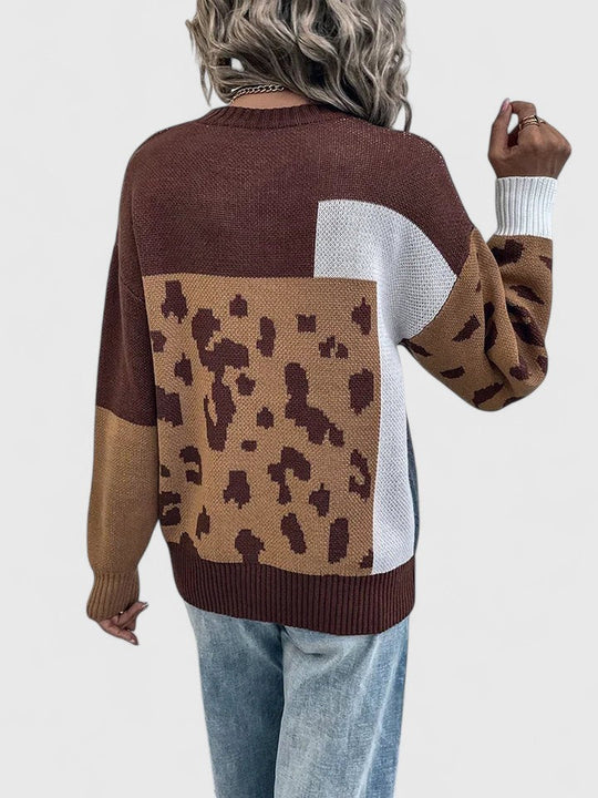 Leopard patchwork sweater in black and brown for women