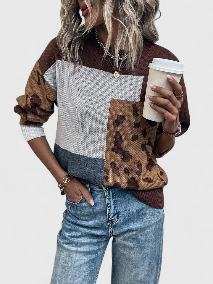 Leopard patchwork sweater in black and brown for women