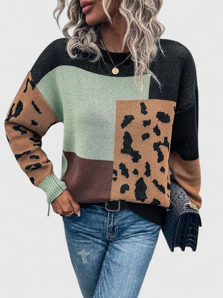 Leopard patchwork sweater in black and brown for women