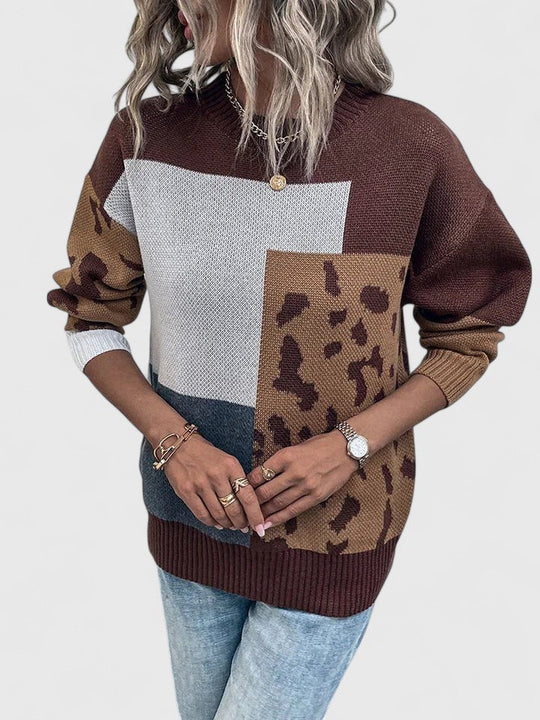 Leopard patchwork sweater in black and brown for women