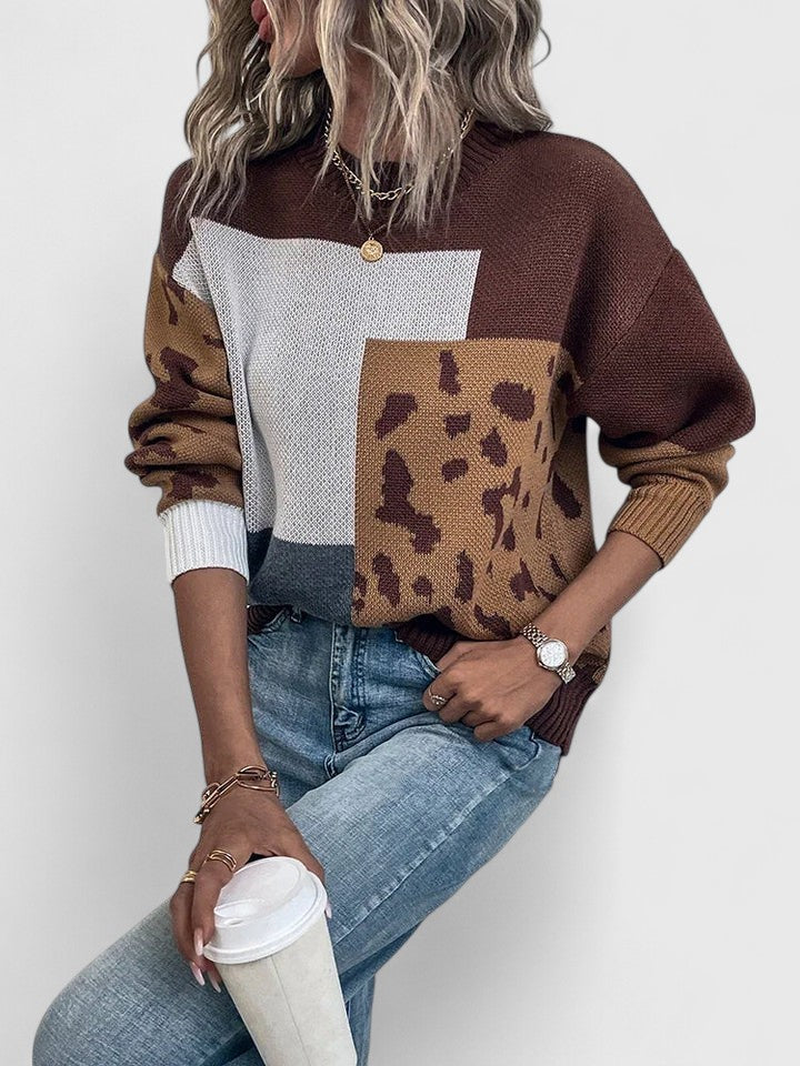 Leopard patchwork sweater in black and brown for women