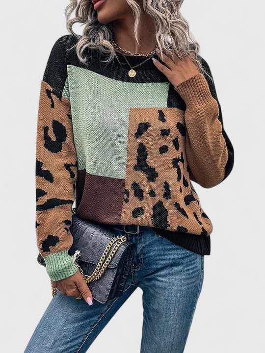 Leopard patchwork sweater in black and brown for women