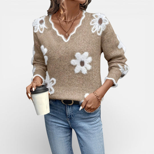 Floral V-neck sweater in five muted shades for women