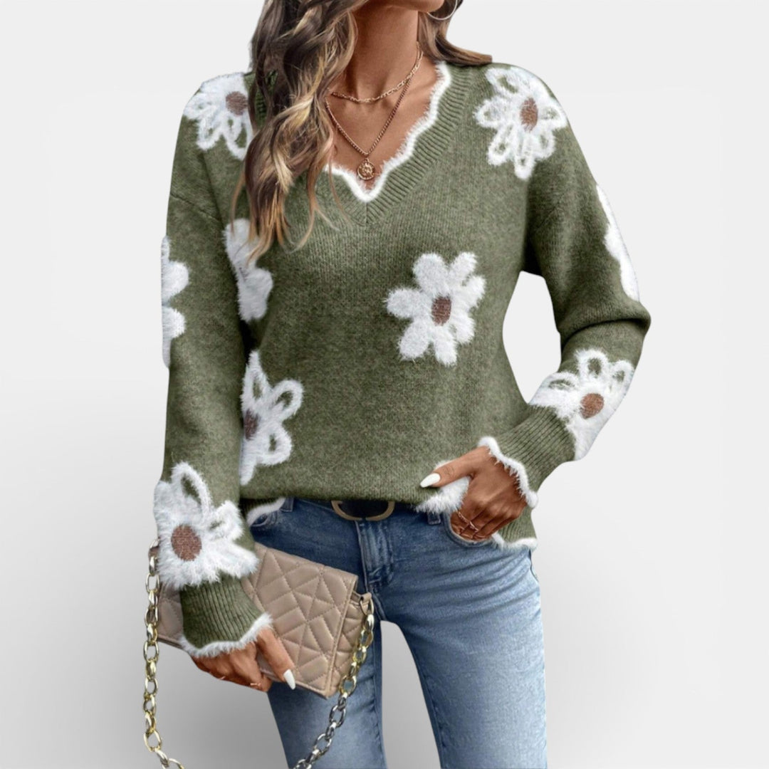 Floral V-neck sweater in five muted shades for women