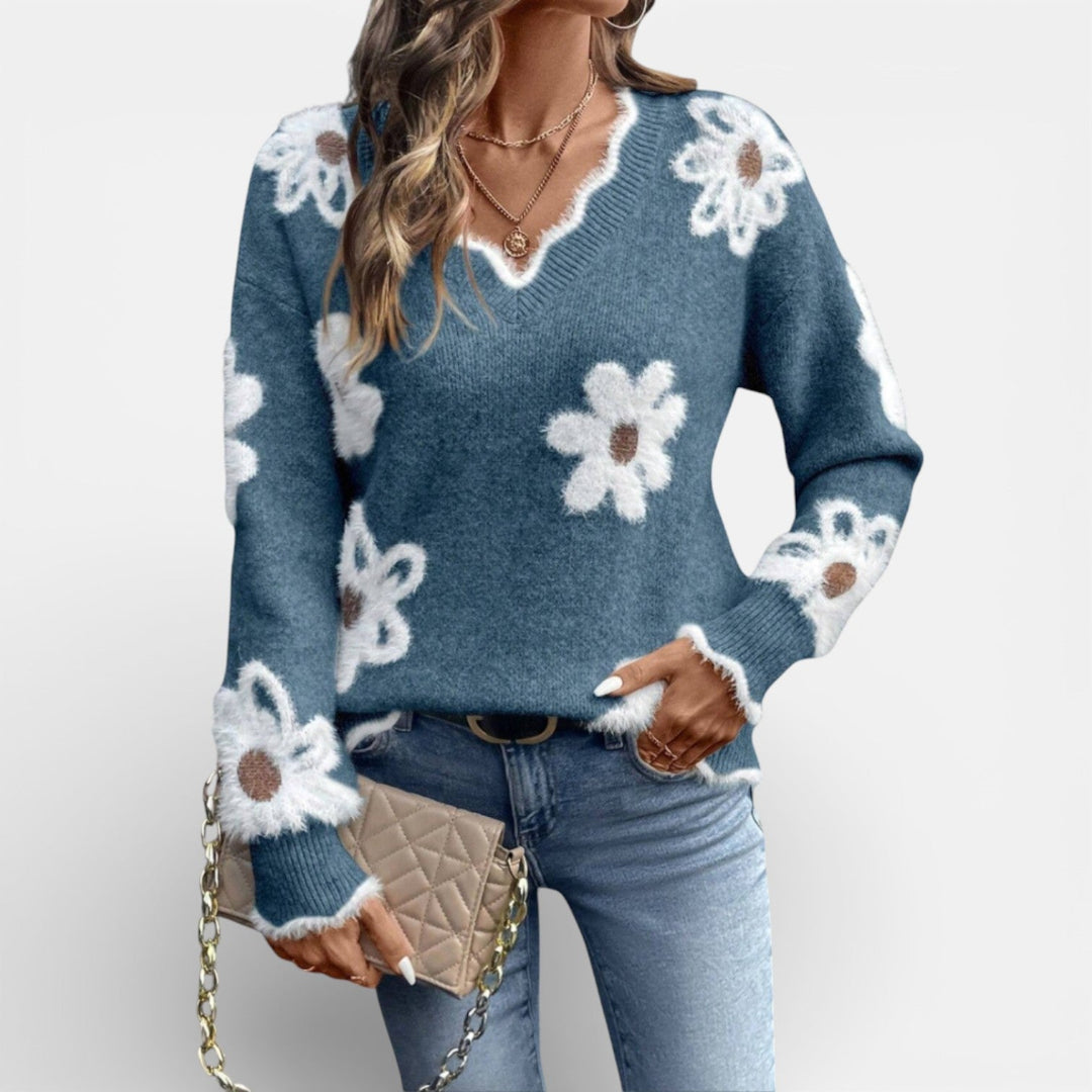 Floral V-neck sweater in five muted shades for women