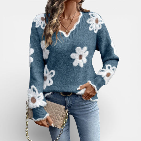 Floral V-neck sweater in five muted shades for women