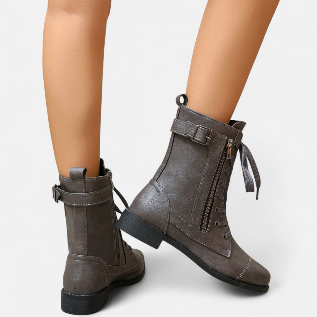 Lace-up combat boots in black, caramel and dark gray for women