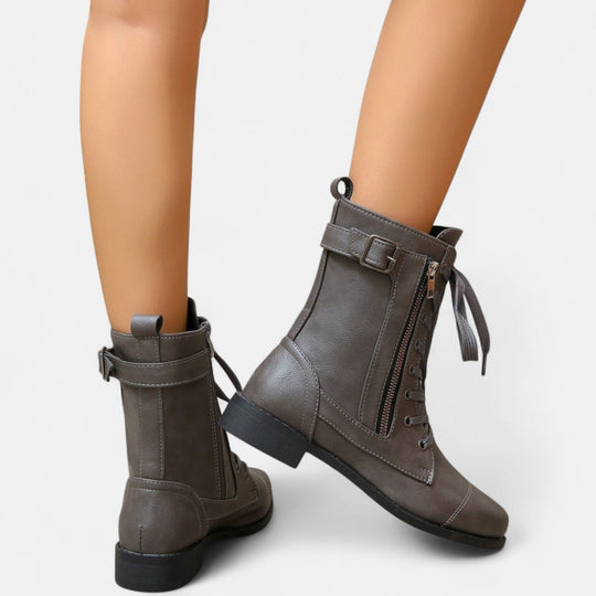 Lace-up combat boots in black, caramel and dark gray for women