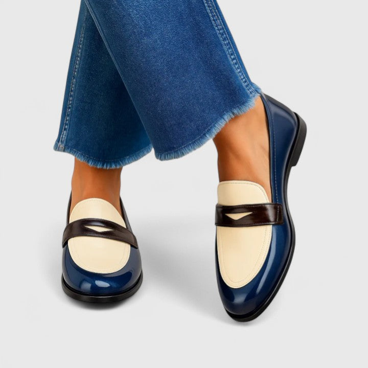 Two-tone loafers in blue and beige for women