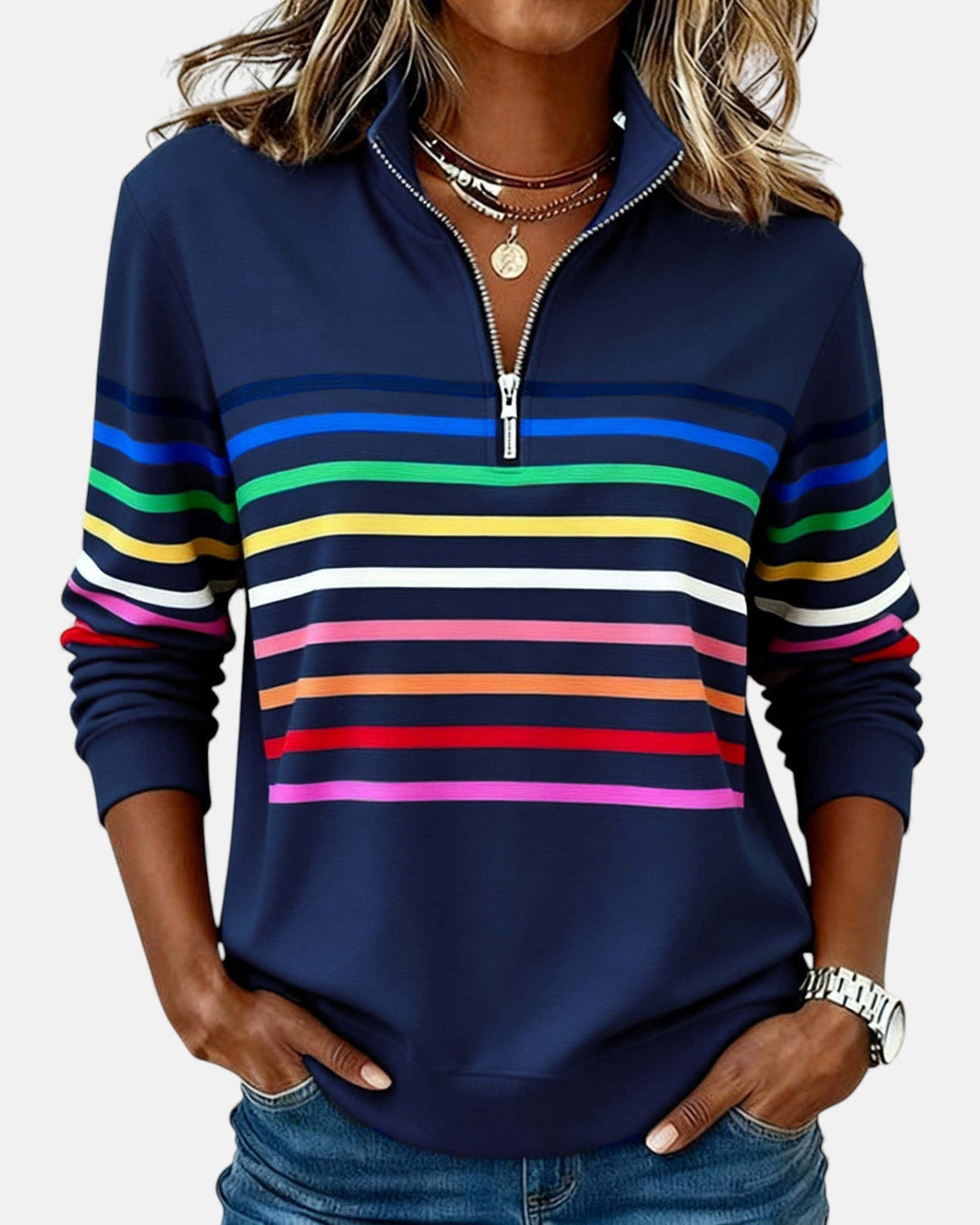 Striped zip sweatshirt for women in six colors
