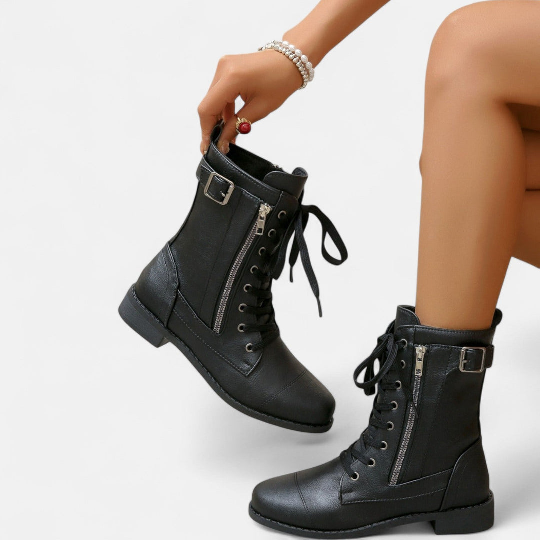 Lace-up combat boots in black, caramel and dark gray for women