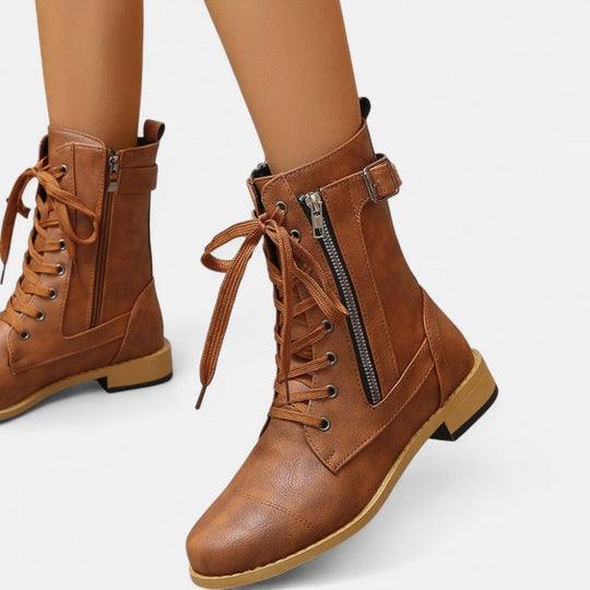 Lace-up combat boots in black, caramel and dark gray for women