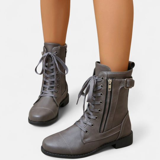 Lace-up combat boots in black, caramel and dark gray for women
