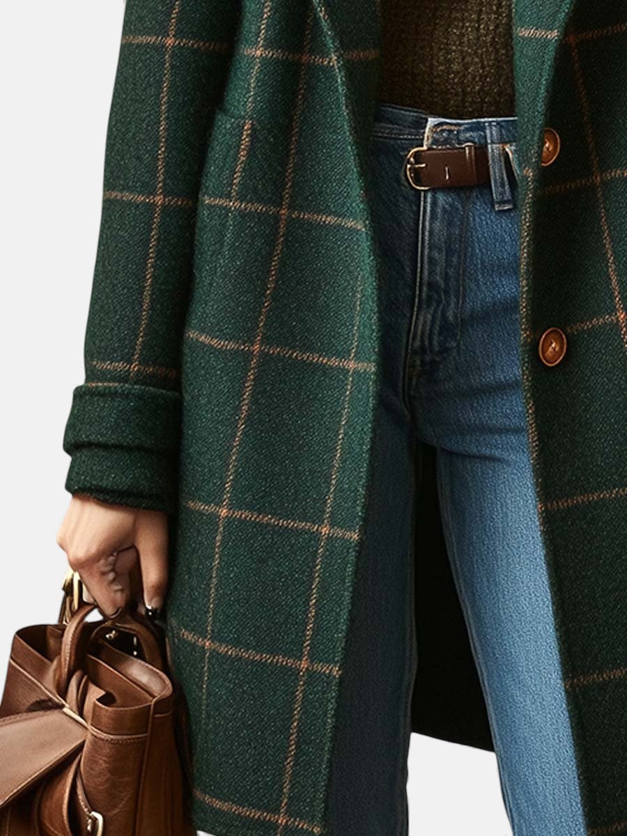 Plaid tweed coat for women in dark green