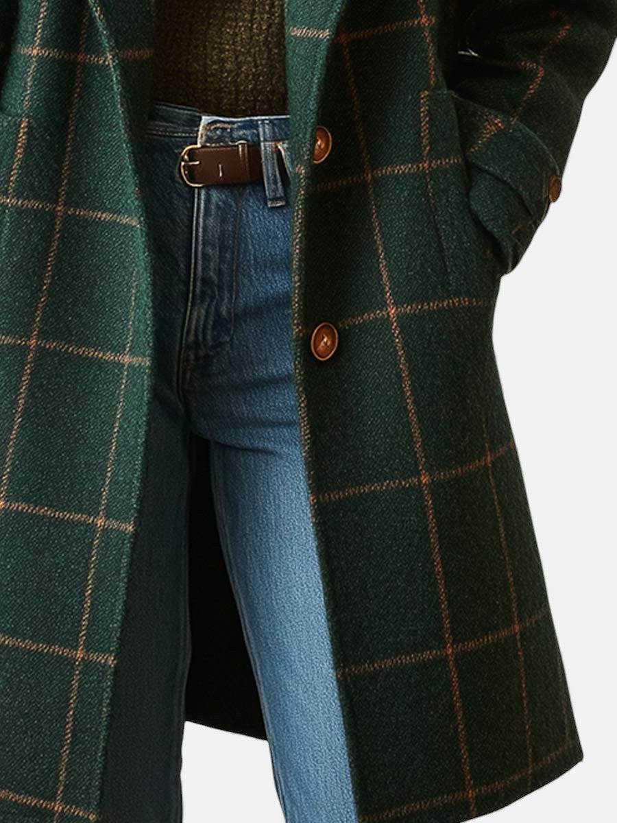 Plaid tweed coat for women in dark green