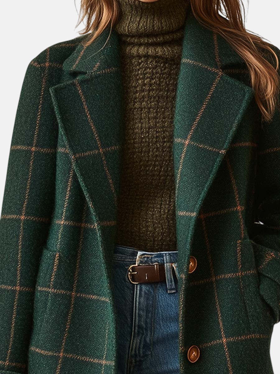 Plaid tweed coat for women in dark green
