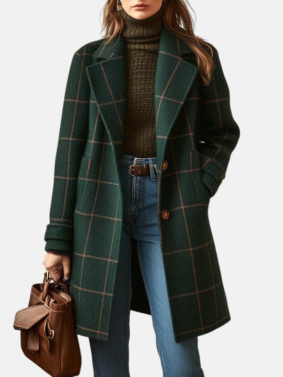 Plaid tweed coat for women in dark green