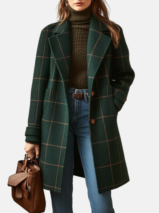 Plaid tweed coat for women in dark green
