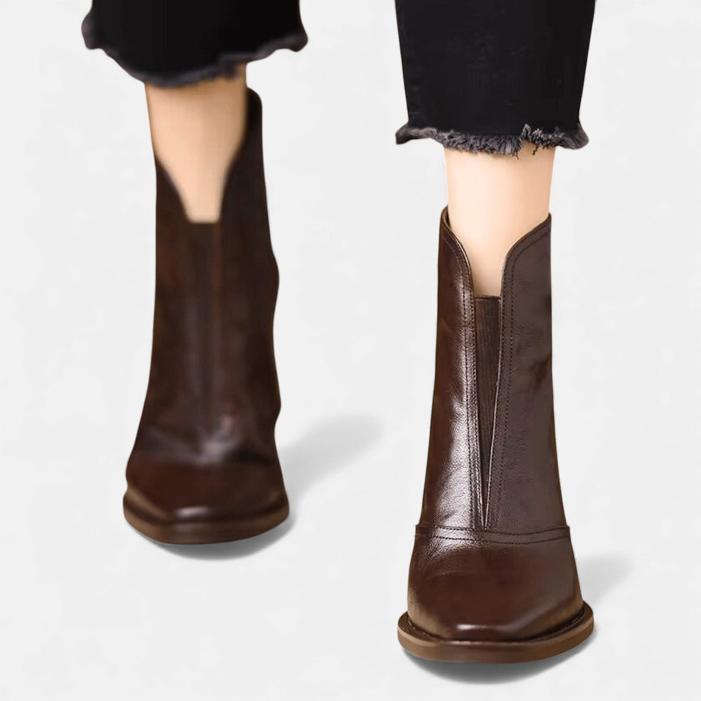 Mid heel ankle boots in brown and black for women