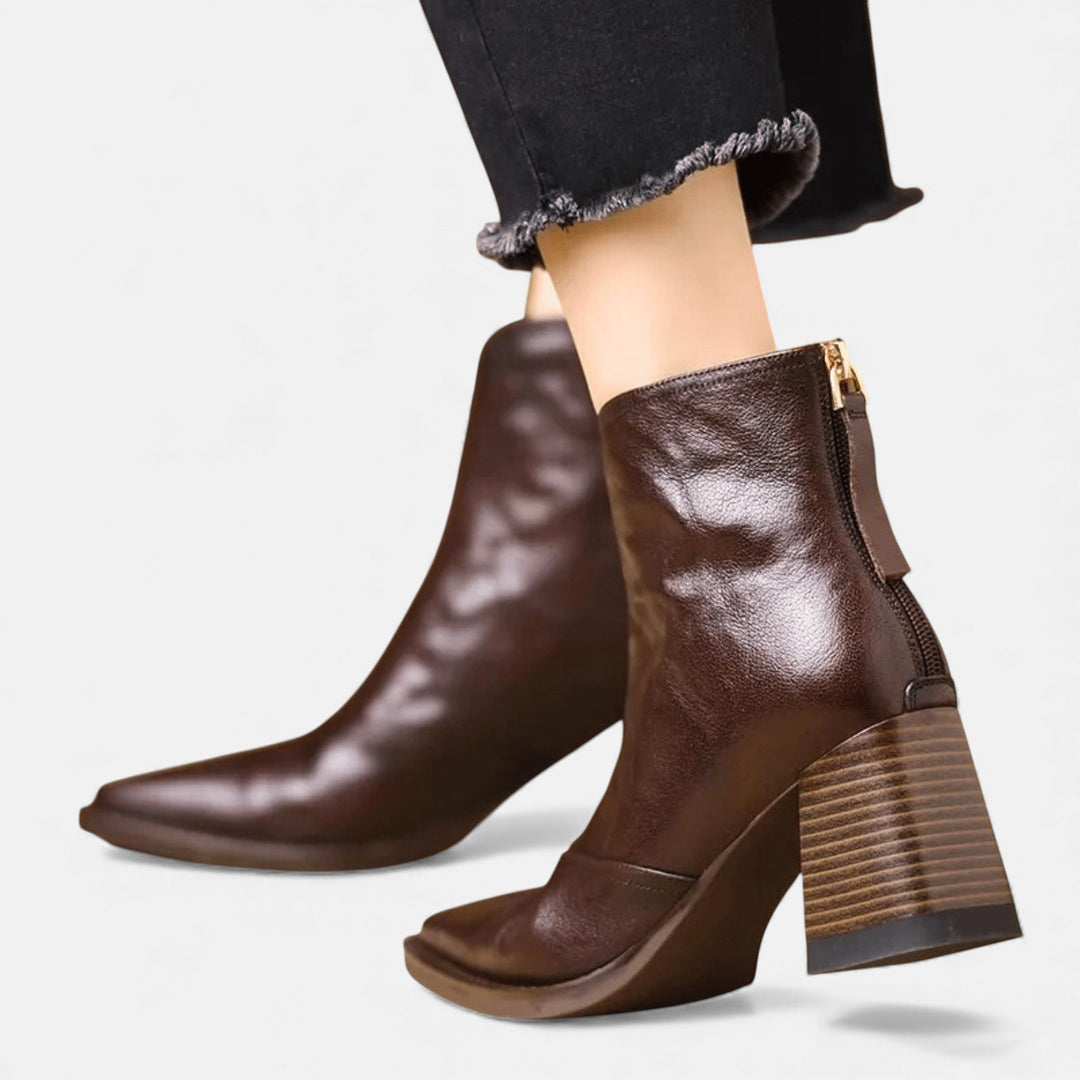 Mid heel ankle boots in brown and black for women